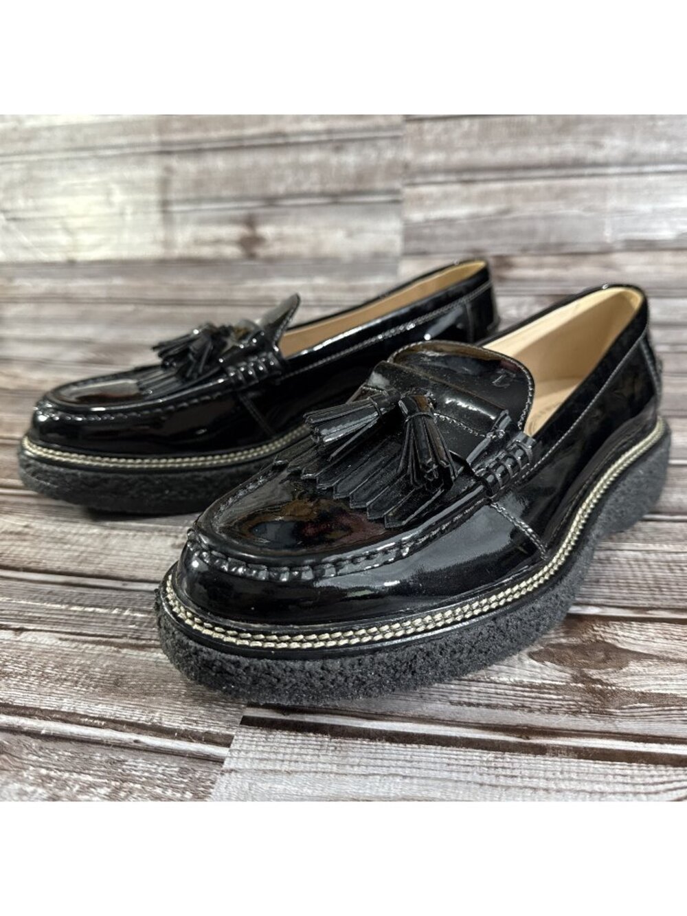 TOD'S Rough rubber sole loafers with tassels Size 39.5 EU 9.5 US New Black $599